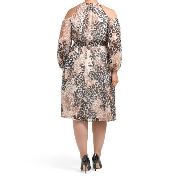 London Times Womens Black Ivory Leopard Cold Shoulder Midi Dress Plus Sz 2X New - Picture 2 of 8